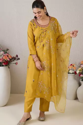Women Ethnic Motifs Embroidered Thread Work Kurta with Trousers & With Dupatta