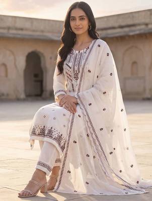 Women Floral Embroidered Thread Work Cotton Kurta with Trousers & With Dupatta 1