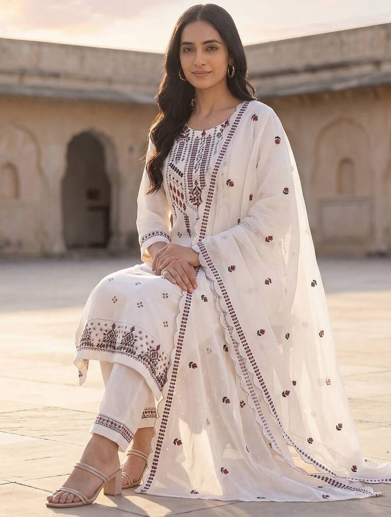 Women Floral Embroidered Thread Work Cotton Kurta with Trousers & With Dupatta
