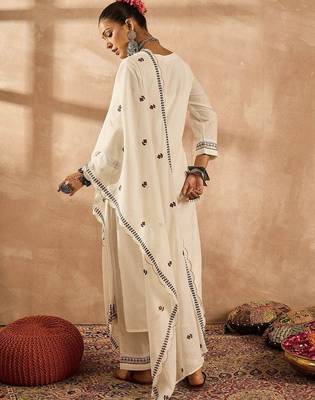 Women Floral Embroidered Thread Work Cotton Kurta with Trousers & With Dupatta 5
