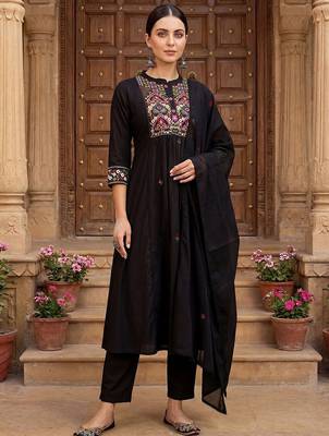 Women Ethnic Motifs Embroidered Thread Work Cotton Kurta with Trousers & With Dupatta 2
