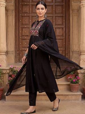 Women Ethnic Motifs Embroidered Thread Work Cotton Kurta with Trousers & With Dupatta 5