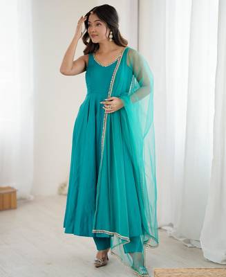 women's roman silk blend chanderi flared anarkali pant and dupatta set 1