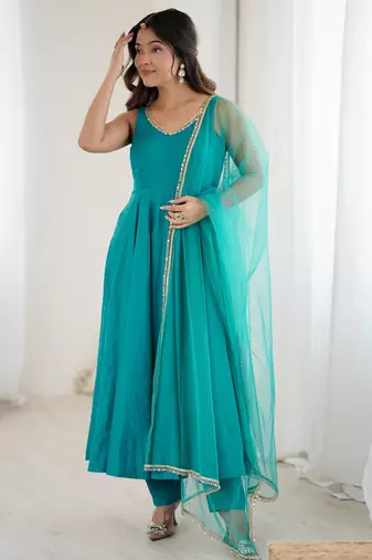 women's roman silk blend chanderi flared anarkali pant and dupatta set