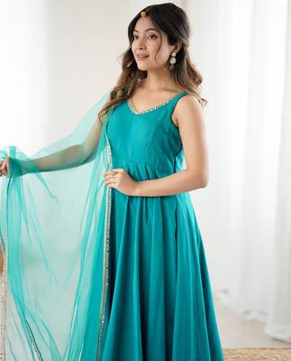 women's roman silk blend chanderi flared anarkali pant and dupatta set 2