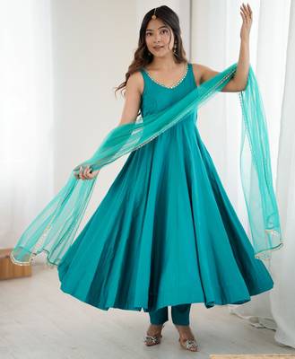 women's roman silk blend chanderi flared anarkali pant and dupatta set 4