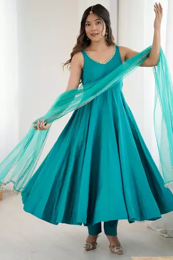women's roman silk blend chanderi flared anarkali pant and dupatta set