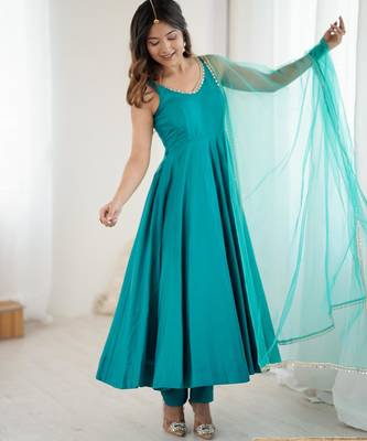 women's roman silk blend chanderi flared anarkali pant and dupatta set 5