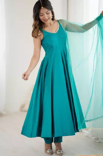 women's roman silk blend chanderi flared anarkali pant and dupatta set