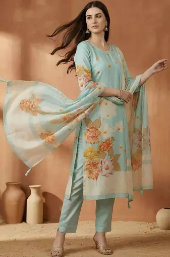 Women Ethnic Motifs Printed Mirror Work Cotton Kurta with Trousers & With Dupatta