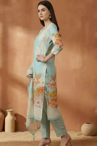Women Ethnic Motifs Printed Mirror Work Cotton Kurta with Trousers & With Dupatta