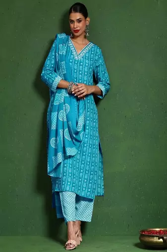 Floral printed cotton v neck kurta trouser & dupatta set