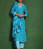 Floral printed cotton v neck kurta trouser & dupatta set