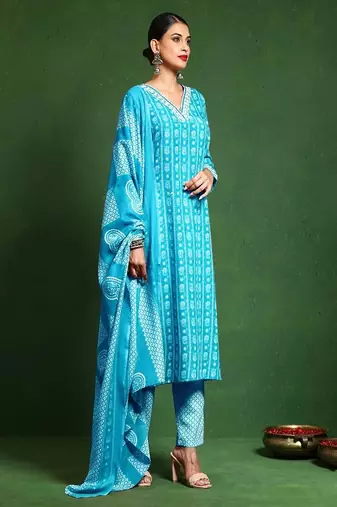 Floral printed cotton v neck kurta trouser & dupatta set