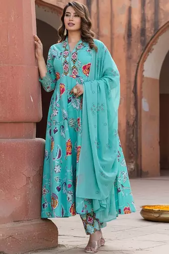 Floral Printed Tiered Mirror Work Cotton Kurta With Trousers & Dupatta