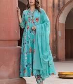 Floral Printed Tiered Mirror Work Cotton Kurta With Trousers & Dupatta
