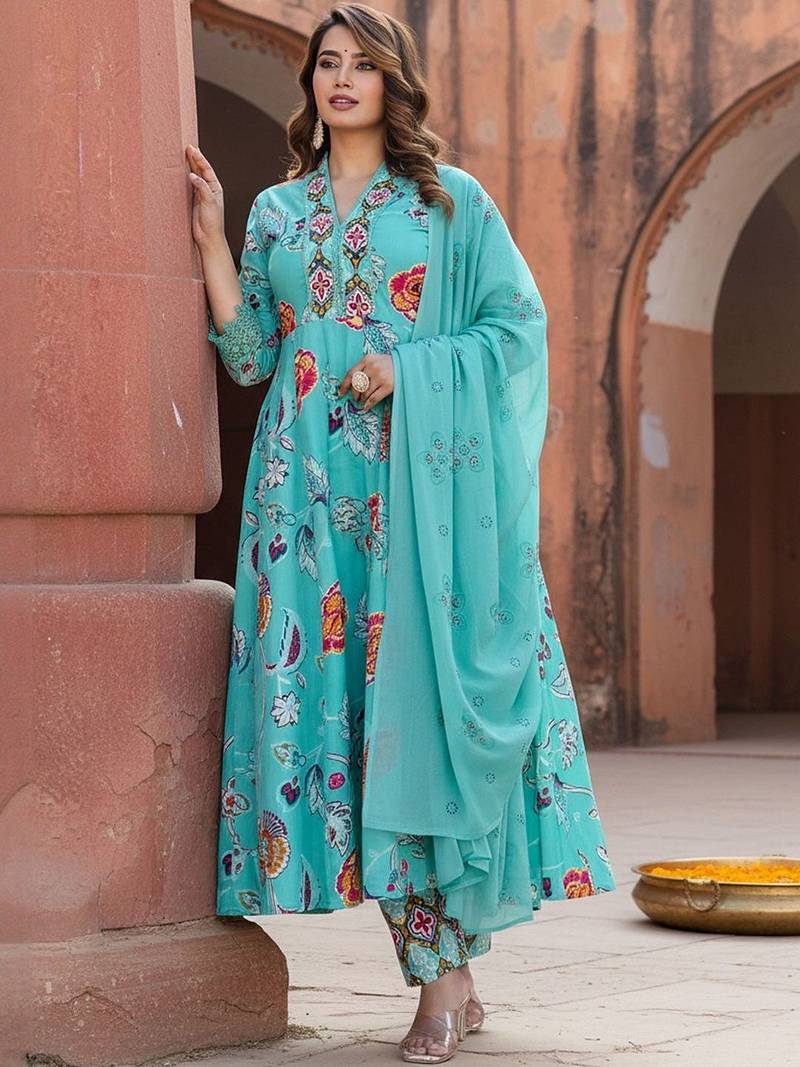 Floral Printed Tiered Mirror Work Cotton Kurta With Trousers & Dupatta