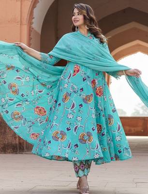 Floral Printed Tiered Mirror Work Cotton Kurta With Trousers & Dupatta 2