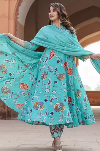 Floral Printed Tiered Mirror Work Cotton Kurta With Trousers & Dupatta