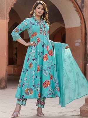 Floral Printed Tiered Mirror Work Cotton Kurta With Trousers & Dupatta 3