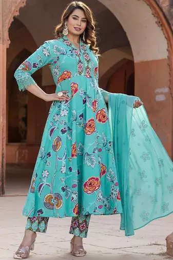 Floral Printed Tiered Mirror Work Cotton Kurta With Trousers & Dupatta