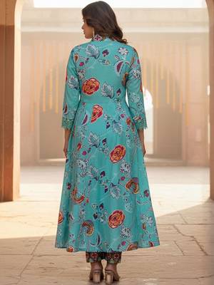 Floral Printed Tiered Mirror Work Cotton Kurta With Trousers & Dupatta 4