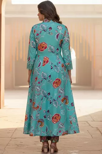 Floral Printed Tiered Mirror Work Cotton Kurta With Trousers & Dupatta
