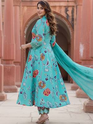 Floral Printed Tiered Mirror Work Cotton Kurta With Trousers & Dupatta 5