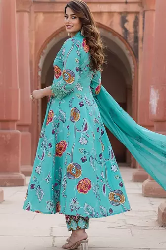 Floral Printed Tiered Mirror Work Cotton Kurta With Trousers & Dupatta