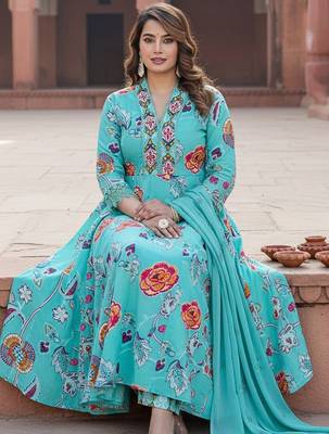 Floral Printed Tiered Mirror Work Cotton Kurta With Trousers & Dupatta 6