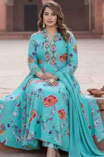 Floral Printed Tiered Mirror Work Cotton Kurta With Trousers & Dupatta