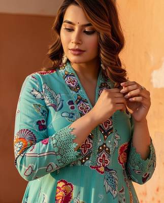 Floral Printed Tiered Mirror Work Cotton Kurta With Trousers & Dupatta 7