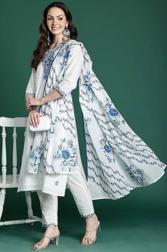 Floral Embroidered Cotton Kurta with Trousers & Dupatta