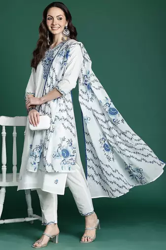 Floral Embroidered Cotton Kurta with Trousers & Dupatta