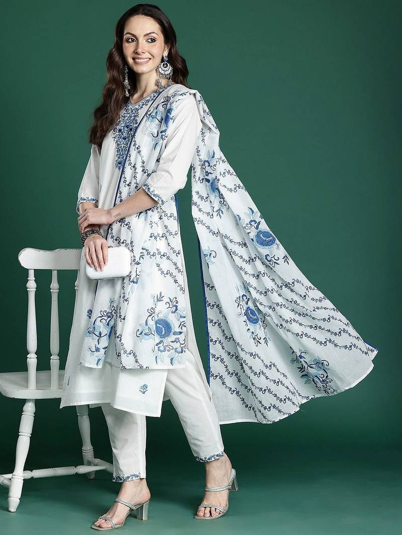 Floral Embroidered Cotton Kurta with Trousers & Dupatta