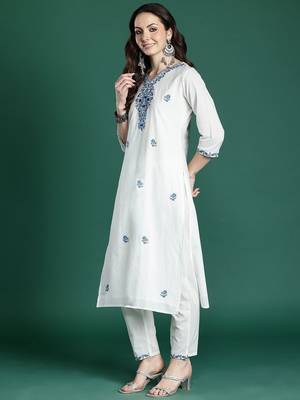 Floral Embroidered Cotton Kurta with Trousers & Dupatta 5