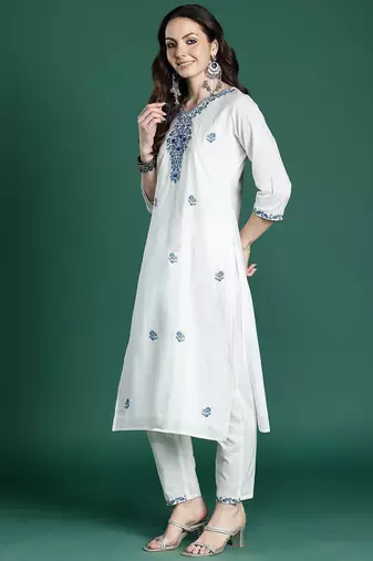 Floral Embroidered Cotton Kurta with Trousers & Dupatta