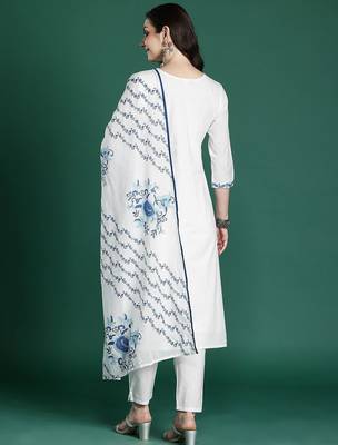 Floral Embroidered Cotton Kurta with Trousers & Dupatta 6