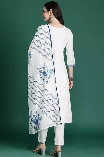 Floral Embroidered Cotton Kurta with Trousers & Dupatta