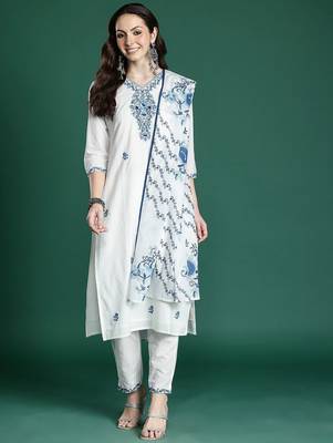 Floral Embroidered Cotton Kurta with Trousers & Dupatta 7