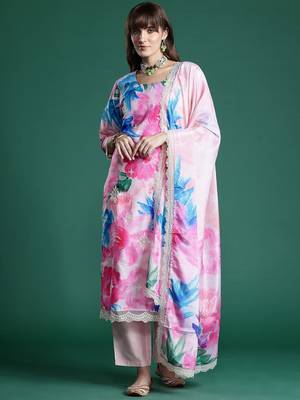 Floral Embroidered Empire Thread Work Kurta With Trousers & Dupatta 1