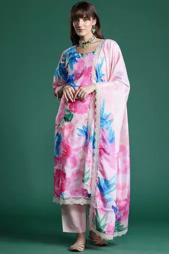 Floral Embroidered Empire Thread Work Kurta With Trousers & Dupatta