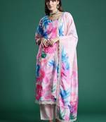 Floral Embroidered Empire Thread Work Kurta With Trousers & Dupatta