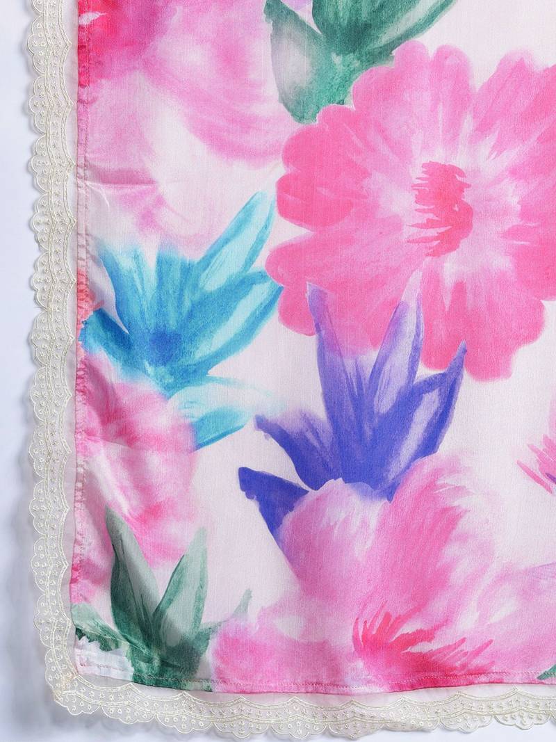 Floral Embroidered Empire Thread Work Kurta With Trousers & Dupatta