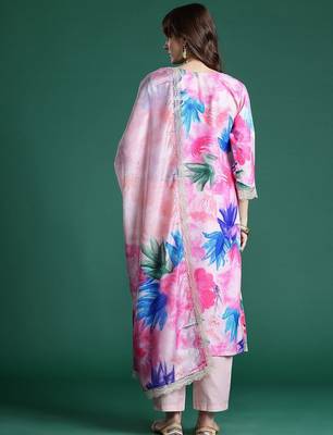 Floral Embroidered Empire Thread Work Kurta With Trousers & Dupatta 5