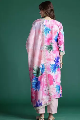 Floral Embroidered Empire Thread Work Kurta With Trousers & Dupatta