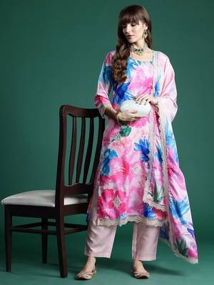 Floral Embroidered Empire Thread Work Kurta With Trousers & Dupatta 6