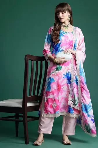 Floral Embroidered Empire Thread Work Kurta With Trousers & Dupatta