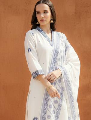 Women Floral Embroidered Thread Work Cotton Kurta with Trousers & With Dupatta 3