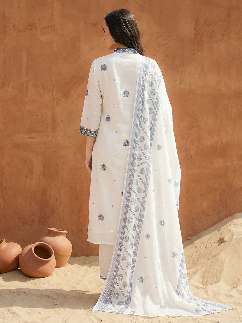 Women Floral Embroidered Thread Work Cotton Kurta with Trousers & With Dupatta